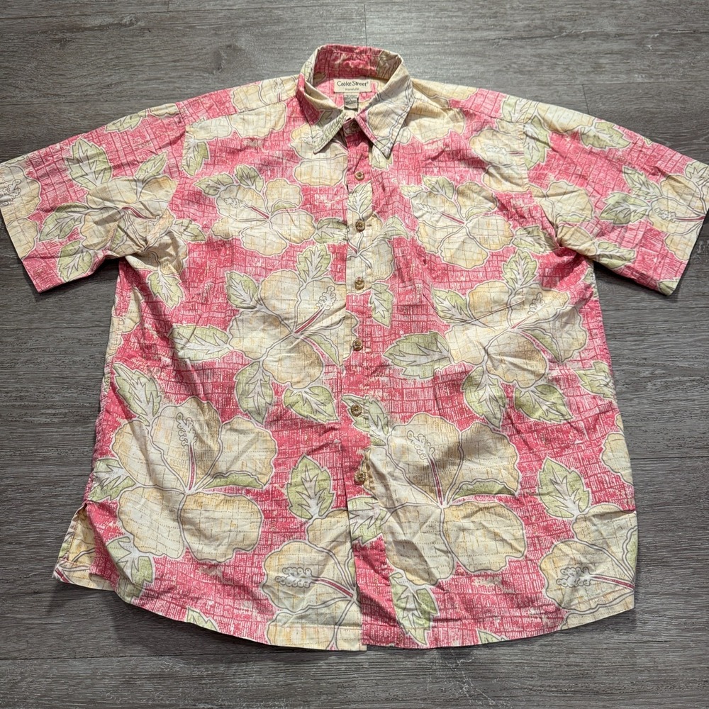 Cooke Street Shirt Mens Large Pink Floral‎ Aloha Hawaiian Hibiscus Print Cotton